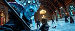 close up portrait of ice queen with magical aura hockey staff, pin hole cam, master oil painting by Rembrandt, d&d glam rock and glitter vampire gremlin illithid and lich playing hockey in ice skating hall or church, in the style of giger and escher, sci fi with floating little saucers