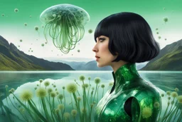 Depict an image of a thin, Hispanic woman featuring a black bob hairstyle, garbed in a uniquely designed android suit coloured green and silver. She gazes at a peculiar sight - dandelion heads that possess octopus-like tentacles, floating in the air. In the backdrop, there unfolds an extra-terrestrial panorama of a glass-like lake encircled by tall, slim cloud-like trees that seem mostly alien in their existence.