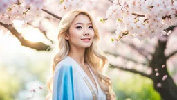 Portrait of a gorgeous smiling asian goddess with a golden taned skin, long smooth blonde hair, blue eyes, in a sci-fi outfit with luminous strikes in a hill of flowers with sakura trees, a small torrent, loads of mini flowers, moss, sun rays through the branches, particles in the air at spring