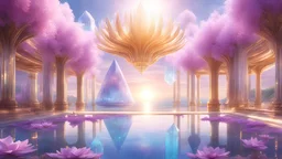 Photorealistic image (Masterpiece ) Crystal Hyperborea Palace Futuristic floating in the air, Spiritual world of crystals and gold, iridescent color, precious stones crystal gold, beautiful lilac wisteria and pink lotus flowers , landscape of summer ambient beautiful sea, light soft sun, full of details, smooth, bright sunshine, soft light atmosphere, light effect, vaporwave colorful, concepte art, highly detailed, digital painting, smooth, sharp focus, extremely sharp detail