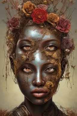 an abstract painting of rusted metal and flowers, heart filled with love African slave lady working, rust, scaffolding, iron cladding, decay, mixed media, textured, anatomically correct, beautiful perfect face, sharp focus, highly detailed