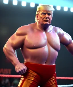 Realistic image, Donald trump wrestler, wrestling, lights cam, retro style, 80s, hot ambient, photo studio, red, vibrant color, gradient, highly detailed, art stations, concept art, smooth, unreal engine 5, god rays, ray tracing, RTX, lumen lighting, ultra detail, volumetric lighting, 3d, finely drawn, high definition, high resolution.