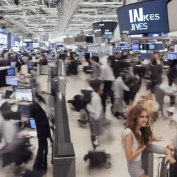 photo of a young beautiful model posing and smiling on the dow jones trading floor with bankers busy working in the background, balenciaga, photorealistic, colourful, high contrast, dow jones, trading floor, fashion photography, high resolution, 8k, hard light, gen z, wide angle lens