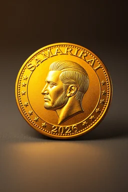 view of the word, SamarrraiAI 2026, on a golden , fine line draw high quality of a picture of , man head in the middle of the coin