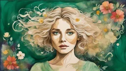 dark green background, abstract art complementary colours fine details , old torn worn paper, peeling, high grain, portrait of blonde woman , flowers in hair, acrylic, alcohol ink, fine drawing, A blonde woman in her 40s, with flowers woven into her loose, curly hair, sits in a whimsical, fairy-tale setting, surrounded by delicate swirling patterns reminiscent of the textures of old torn paper, in a vibrant, abstract style combining acrylic and alcohol ink techniques, with fine detailing that hi