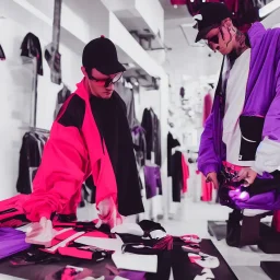 Guy dressing a Streetwear Brand, Neon Red and Purple, Futuristic, Simplistic