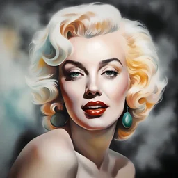 Marilyn Monroe Facial Portrait, dark, multicolored watercolor stained wall in the background, oil painting in the art style of Boris Vallejo, 32k UHD, Hyper realistic, photorealistic, realistic, sharp, highly detailed, professional quality, beautiful, awesome, majestic, superb, trending on artstation