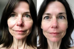 A selfie of a brunette woman, middle short hair, showing a 37-year-old European woman. She has white skin, tousled brown hair, face without makeup, big round dark brown eyes, cute profiled nose, detailed full lips, skin texture. Split screen and show the same face but 15 years older