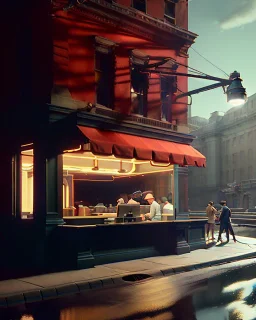 Scene, realistic photo, Edward Hopper style, retro futuristic, concept art, smooth, unreal engine 5, god lights, ray tracing, RTX, lumen lighting, ultra detail, volumetric lighting, 3d.