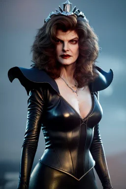 younger Rene Russo as evil queen in leather, cleavage, angry, stern look, unreal 5, octane render,cinema4d, dynamic lighting, dramatic lighting, 4k, redshift render, highly detailed, hyper realistic