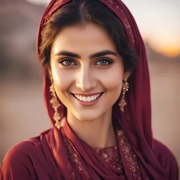 Pakistani Pukhtoon young-woman smiling & has beautiful eyes with simple maroon dress at sunset