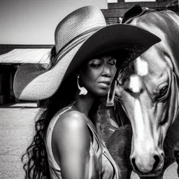 gigachad face,sigmaman face,brutal woman,reflections,shadows,more details,realistic light,afro,cowboy hat,silver Earrings,beautiful eyes,one person,horse