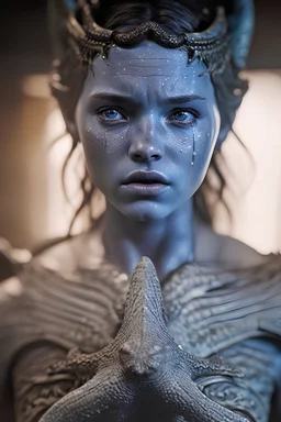 Photoreal gorgeous crying triton ranger woman crying with blue scaled blue skin crying tears in a dark and dusty middle age tavern by lee jeffries, 8k, high detail, smooth render, unreal engine 5, cinema 4d, HDR, dust effect, vivid colors