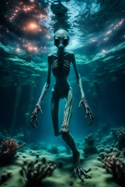 cosmic horror, nightmare, galaxy interwoven with dread, truth, alien underwater, fullbody, feet point view,8k, macro photography,