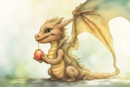 double exposure, merged layers, painted and burned burlap, cute chibi anime dragon eating fruit, melting watercolor and black ink outlines on wet paper, soft, shading strokes, in sunshine, ethereal, otherwordly, cinematic postprocessing, bokeh, dof