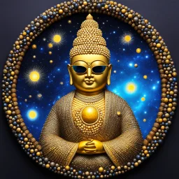 A scaly Buddha with sun glasses and a large collar in collared wooden pearls, lying on his side, his bald head in his hand. His yellow skin has blue snaky scales. What a sight to behold! The scaly Buddha's sun glasses gleam in the cosmic light, reflecting the stars and galaxies that swirl around him. His large collar of wooden pearls adds a touch of elegance to his otherworldly appearance, hinting at a deep connection to nature and the universe itself.