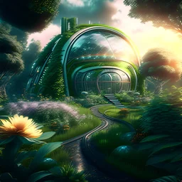 Futuristic country house science fiction hyper-realistic garden 8k