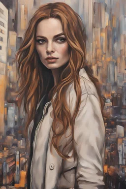 Ginger hair Jennifer LawrencePunk rock girl style oil painting Margot Robbie and Emily Ratajkowski of lovely bombshells Gustav Klimt style, dream, symptom, image in the background in the city artgerm display Gustav Klimt style artgerm display in the 20 th century New York City. Sigmund Freud's trip to New York was like an adventure , and the city itself seemed like a big illusion, full of light and shadows.
