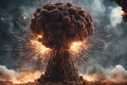 Atomic explosion, made of chocolate, ULTRA REALISTIC, details, intricate detail, professional lighting, film lighting, 35mm, anamorphic, lightroom, cinematography, bokeh, lens flare, film grain, hdr10, 8k, Roger Deakins, incredibly detailed, reflect, sharpen