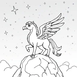 Make black and white cute drawing of a hippogriff with black bold lines. Only outline, no grayscale. A noble hippogriff with a horse’s body and eagle wings, perched on a rock with a proud pose. Make the feathers shimmer with magical patterns, and set it against a sky filled with shooting stars.