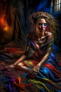 Bound and thrown to the floor, a woman exudes vulnerability in a fantastical setting. Her tattered gown clings to her bruised skin, hair tangled and wild. The scene is depicted in a stunning photo, showcasing intricate details and vivid colors. it captures the desperation and strength in her eyes, making the viewer feel the intensity of her situation. This masterful image blends beauty with turmoil, immersing the audience in a powerful narrative.