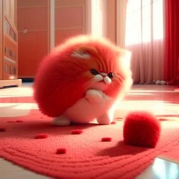 cute fluffy chibi beige cat playing with a giant plush red covid virus in a modern hall on a carpet in sunshine