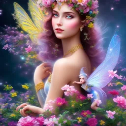 bright fairy, beautiful portrait, flowery landscape