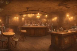 fantasy setting, a tavern, with a large dining room and a bar on one side. At the bar, a larger, older man with no hair is standing, conversing with a dwarf sitting in a bar stool on the other side. A large fireplace in the center of the room. In addition to that, there are a handful of guests scattered around the room…