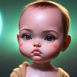 Realistic and detailed concept art of baby character, bighead, big eyes, super thick upper lip, High quality. The background is set on Saturn.