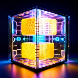 futuristic translucent neurocube, inside the cube there are perpendicular partitions of honeycomb plates, ambient lighting