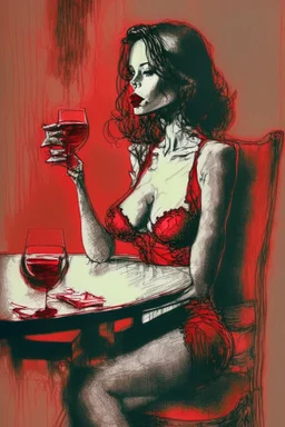 elegant beautiful brown-haired woman in red and black lace lingerie with crossed legs, proudly sitting on a chair, cigarette in her right hand, a glass of red wine on a table next to her, her lips are red, surrealist, smooth, pop, accentuate, faded glow, morning, bright, fine art, push, structure, silhouette, pencil sketch by Jean Cocteau fantasy high definition crisp quality in sunshine