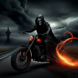 occult transience, Grim Reaper with scythe on a motorcycle on surreal burning highway, failing the reality test, horror poster, sinister, profound, fantastical, by Ben Goossens