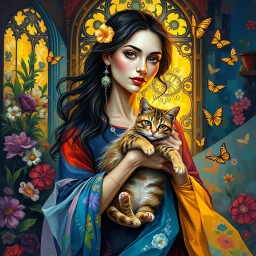 A vibrant, artistic portrait of a woman holding a cat, with rich, layered, and vivid colors. The woman is surrounded by flowing fabrics in bold hues, intricate floral patterns in the background, and dynamic brushstrokes that create a sense of movement. Add golden light filtering through stained-glass windows, delicate butterflies fluttering around, and abstract geometric shapes blending into the scene. The style is expressive, painterly, and immersive, evoking a sense of wonder and depth.