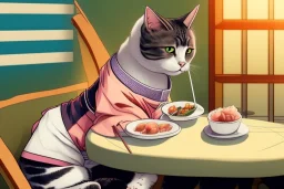 A cat wearing clothes is sitting at a table eating sushi. Manga style. Perfect iris. Paws