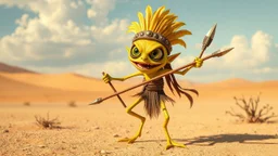 a funny crazy maniac little creature that dance in a desert, the creature is yellow and green, have big eyes and long legs, he likes to dance and jump with his spear, he ls little evil and likes to scream "Musta", and have a big mouth sharp teeth, small penis, tribal look, head dress with feathers