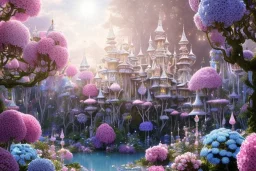 a magical crystal flower lys bougainvillier,pink hydrangeas, blue gold house crystal castle in the woods, magnolias pink,blue lake,sun,white swanns,pink vertical, blue lake,sharp, vines, candlelit, endor, ornate, elegant, highly detailed, artstation, concept art, smooth, sharp focus, illustration, 8k, splash art, wallpaper, key visual