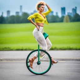a very beautiful lady with makeup and bub hair, wearing a pretty blue-green sports pants an top, shows her performance driving a Unicycle Wheel Bike