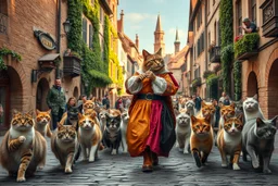 "The Cat Pied Piper of Hamelin, dressed in flowing, colorful Renaissance garments, playing a magical flute, followed by a majestic parade of cats in all sizes and colors, walking in perfect harmony along old cobblestone streets, Renaissance buildings with ivy, curious townsfolk leaning out of balconies with astonished faces, golden-hour lighting, high fantasy, highly detailed, 8K, hyper-realistic, magical realism --v 7 --ar 21:9 --style raw --q 2"