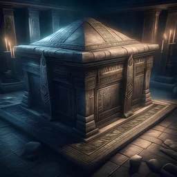 Fantasy style a large tomb with a sarcophagus with runes and symbols on it