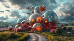 Dynamic cifi country side ,hypnotic of 3D structures Symmetry twisting and morphing between cifi plants , cifi flowers and metal geometric 3d structures buildings ,cifi cars, smooth translucent iridescent glass with inner glow and bubbles, varied transparent materials, stormy skies, intense dramatic