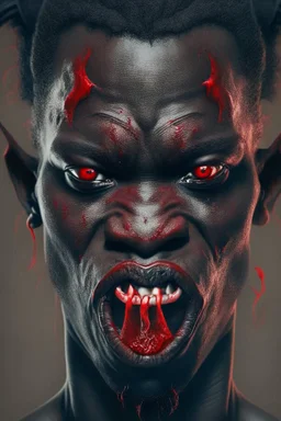 Portrait of a demon with black skin, with no eyes, a long red tongue