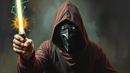 pin hole cam, master oil painting by Rembrandt, realistic rendering of crazy dark ninja scientist holding a holy neon glowing super power tube gensis vial