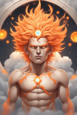 full body picture of a slim muscular god with galaxy's in his eyes, glowing orange hair that looks like it's made of the sun, a light gray body made of clouds with glowing cracks of orange within it in cloud patterns, he wears greek god like clothing that looks as if it's made of ice and water. realistic 4k