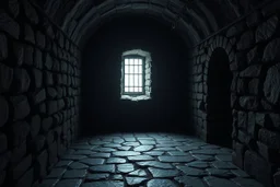 Inside of a dungeon with stone floor the only light comes from a small barred window high on the wall. chains hang from the wall Dark gothic fantasy. photorealistic. 4k