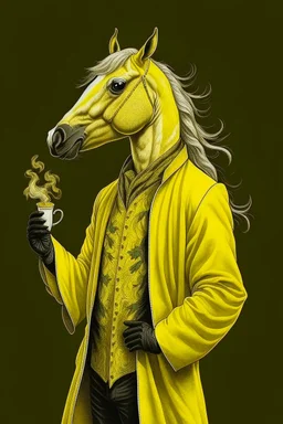 Yellow cockatrice with a tattoo of a horse in a smoking jacket