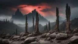 mountains, a gloomy rocky landscape, cypresses stretching up in the foreground, rocks and a bloody sky in the background