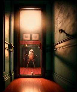 Wes Anderson photographer, night, monster peeking behind the ajar door, Ultra realistic, punk style, wide angle view, soft color, highly detailed, unreal engine 5, ray tracing, RTX, lumen lighting, ultra detail, volumetric lighting, 3d, finely drawn, high definition.