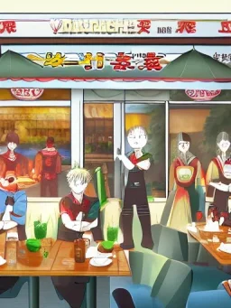 digital painting for restaurant of thousand of anime warriors that protecting the restaurant from big waves