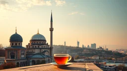 A symbolic image showing Turkey's culture as a bridge between Europe, Asia, and the Orient. Combine old and new: traditional domes, oriental ornaments, and tea with modern skylines and distant landscapes. Warm light, rich colors, harmony between tradition and modernity, no people, no text.