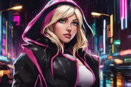 Spidergwen in 8k Hayao Miyazaki draw style, yu gi oh them, neon effect, close picture, rain, highly detailed, high details, detailed portrait, masterpiece,ultra detailed, ultra quality